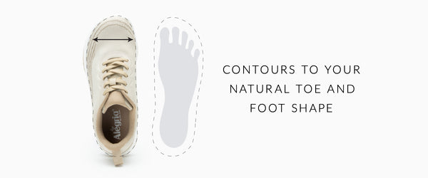 Top view of Alegria shoe showing a foot-shaped toe box designed to contour to the natural shape of the foot.