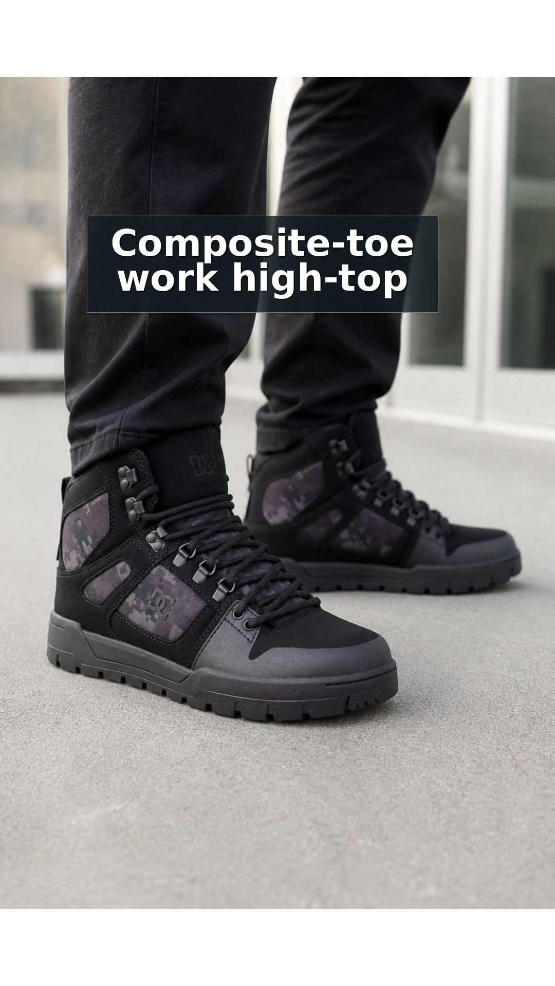 Explore DC Work Crew Pure Work Men's Composite Toe - Waterproof Work High-Top - Black Camo Men's Work Shoe style guide