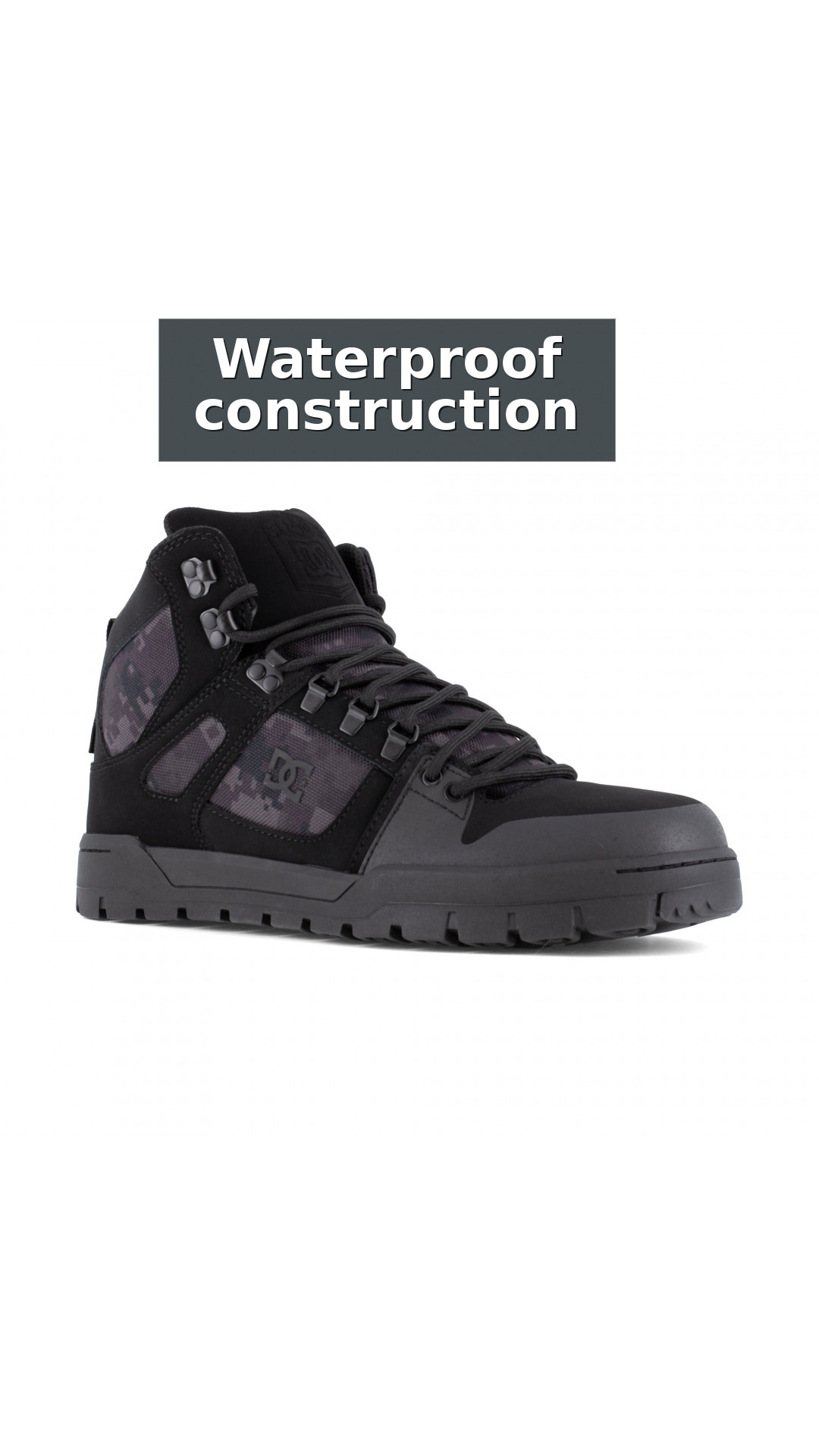 DC Work Crew Pure Work Men's Composite Toe - Waterproof Work High-Top - Black Camo Men's Work Shoe style detail 2: Waterproof construction